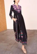 Boho Long Dress Ethnic Floral Embroidery Rayon V-Neck