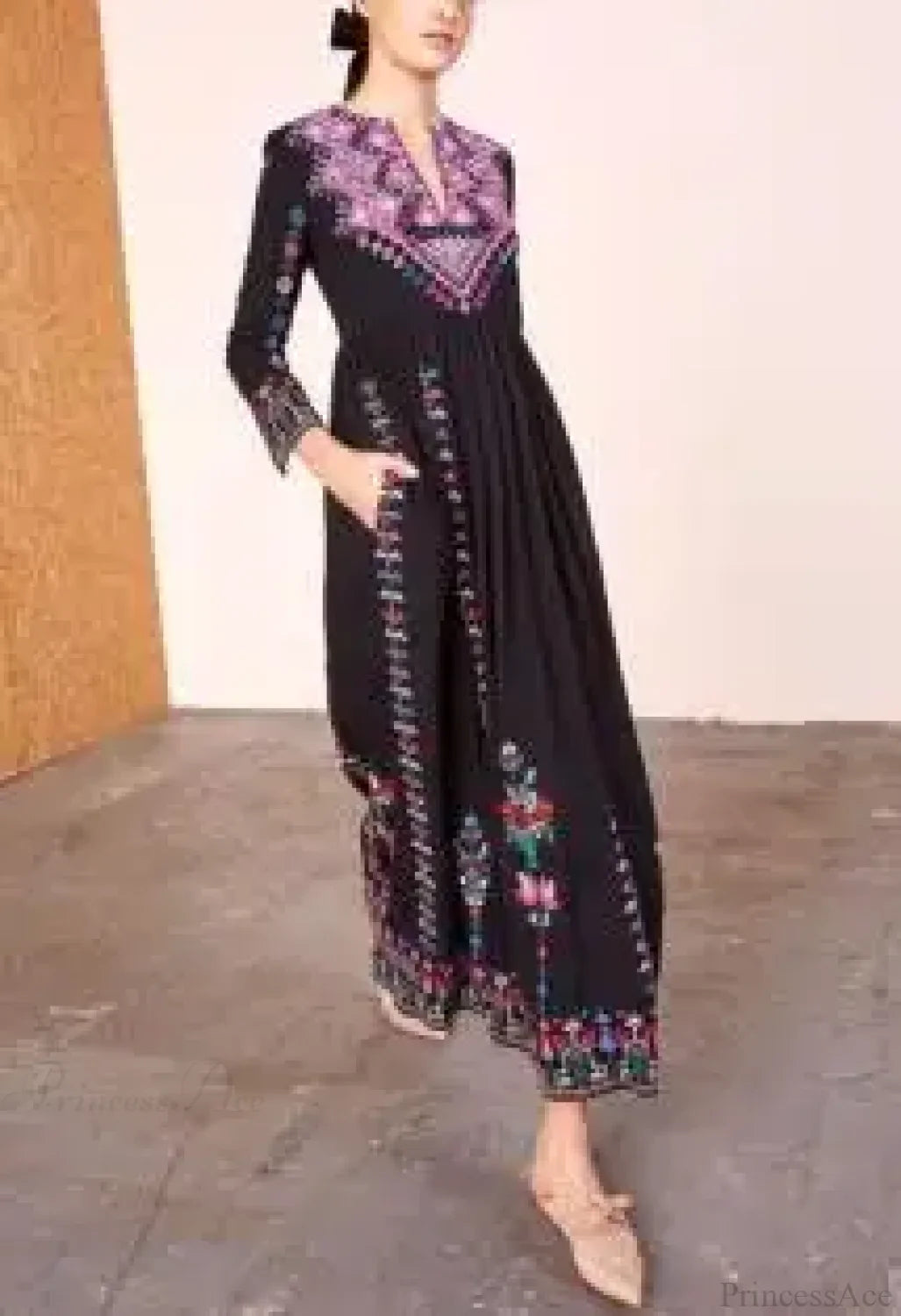 Boho Long Dress Ethnic Floral Embroidery Rayon V-Neck