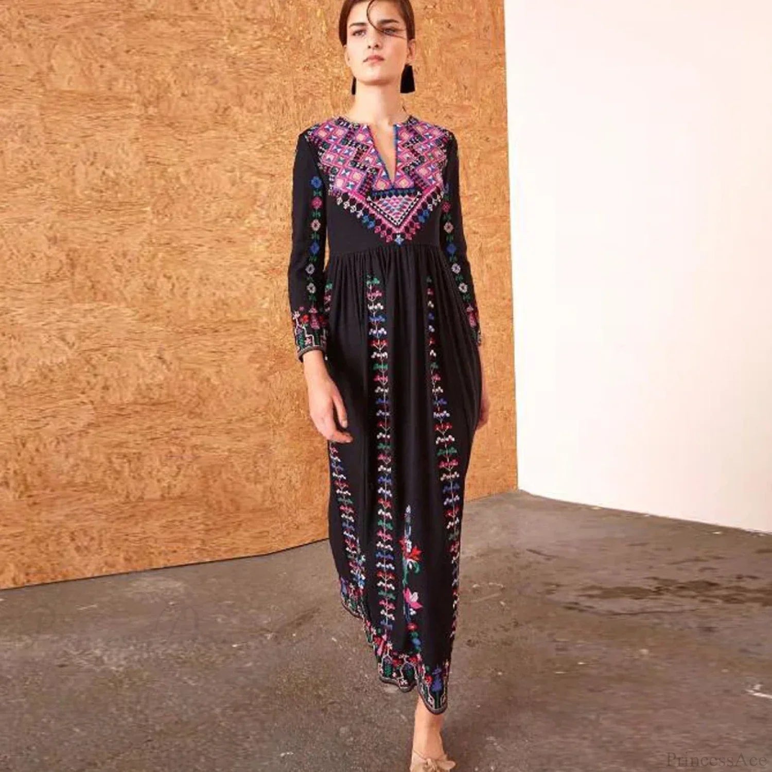 Boho Long Dress Ethnic Floral Embroidery Rayon V-Neck