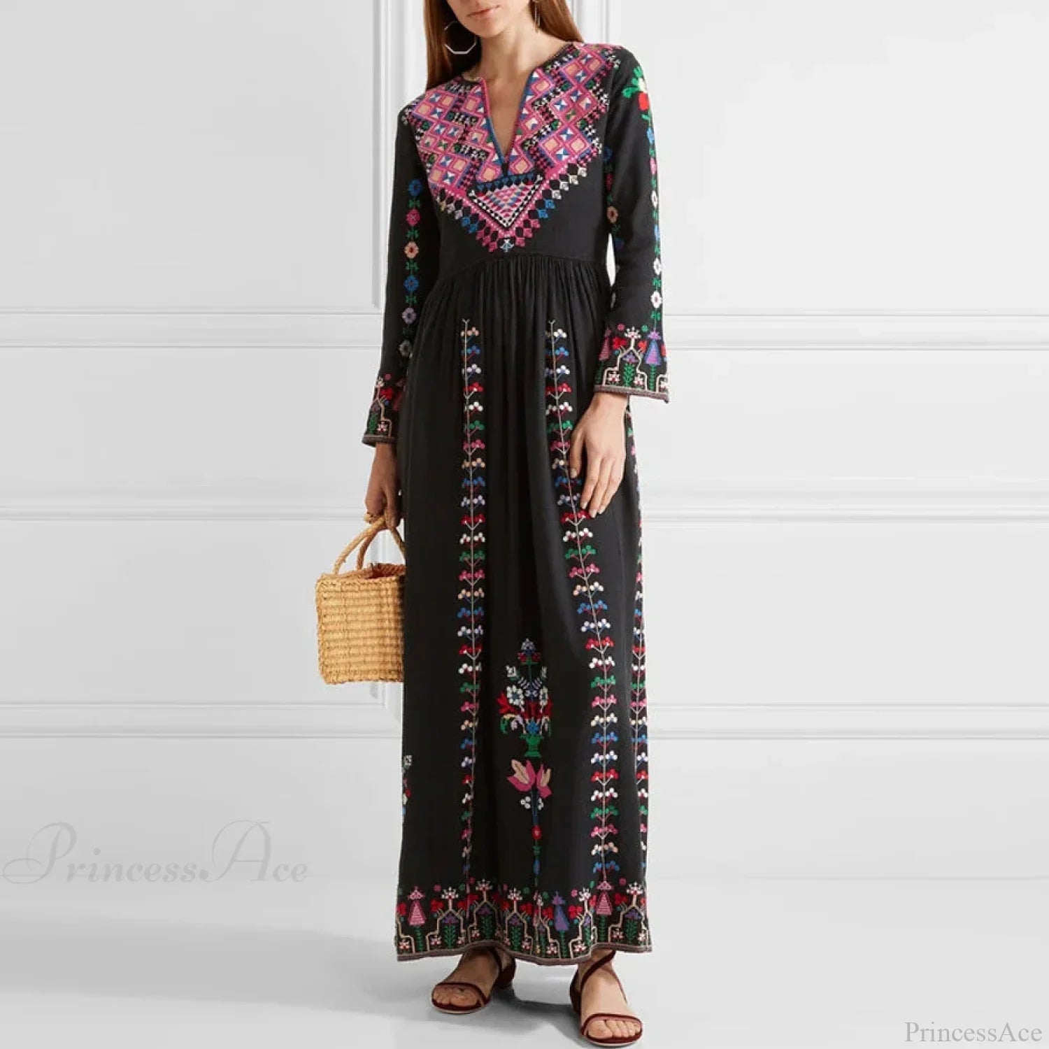 Boho Long Dress Ethnic Floral Embroidery Rayon V-Neck