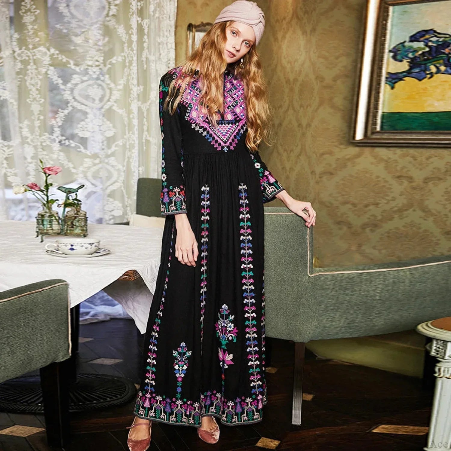 Boho Long Dress Ethnic Floral Embroidery Rayon V-Neck