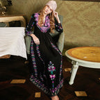 Boho Long Dress Ethnic Floral Embroidery Rayon V-Neck