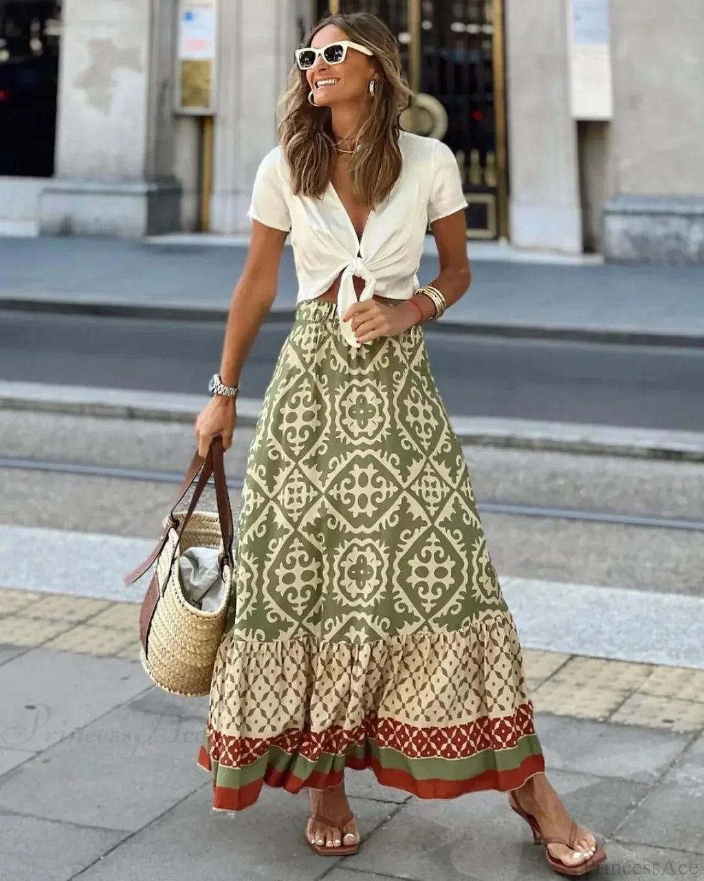 Boho Print High Waist Maxi Skirt Casual Loose Summer