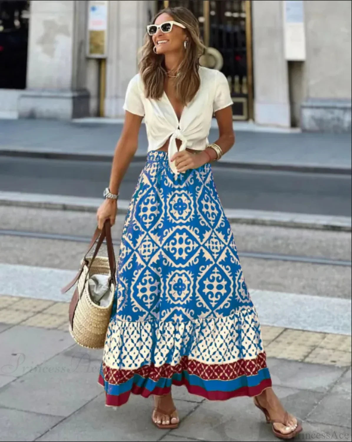 Boho Print High Waist Maxi Skirt Casual Loose Summer
