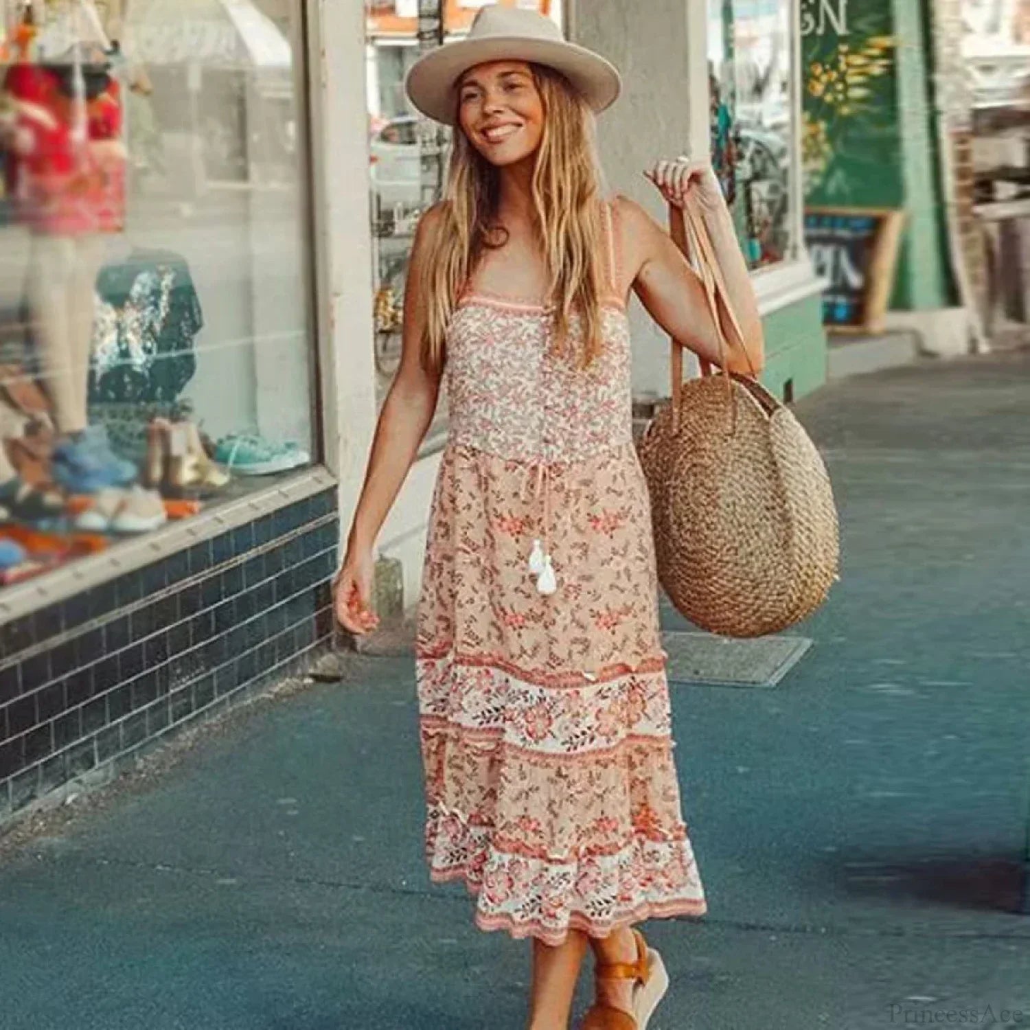 Boho Sundress Sleeveless Strap Rayon Floral Beach Dress