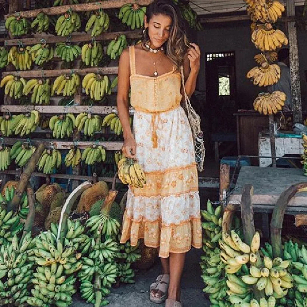 Boho Sundress Sleeveless Strap Rayon Floral Beach Dress