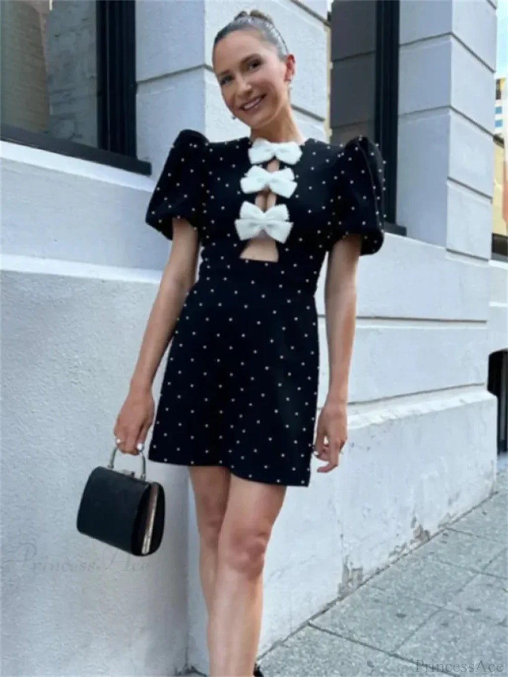 Bow Hollow-Out Patchwork Mini Dress