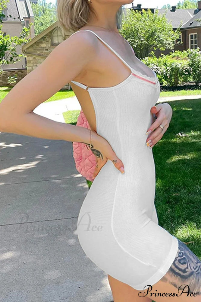 Bow-Tie Backless Bodycon Cami Rompers With Lacework