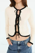 Bow Tie V-Neck Long Sleeve Cardigan