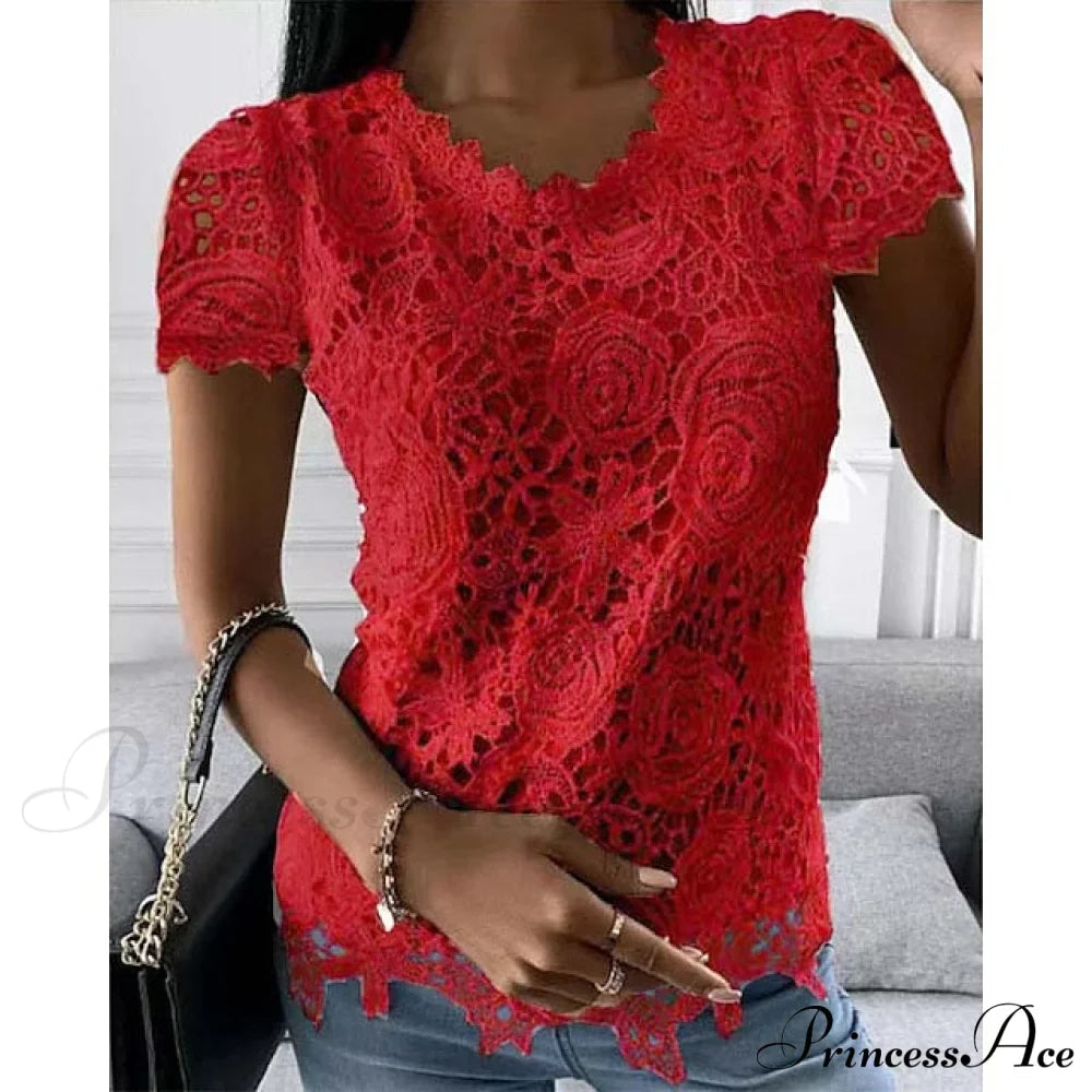 Brief Pink Neck White Casual Blouse Round Black Lace Arm Basic Plain