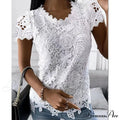 Brief Pink Neck White Casual Blouse Round Black Lace Arm Basic Plain