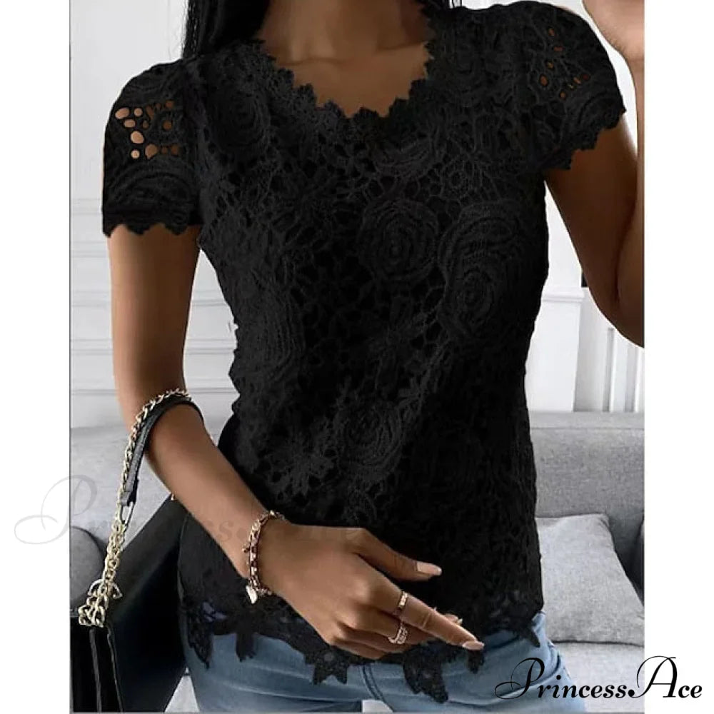 Brief Pink Neck White Casual Blouse Round Black Lace Arm Basic Plain