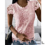 Brief Pink Neck White Casual Blouse Round Black Lace Arm Basic Plain