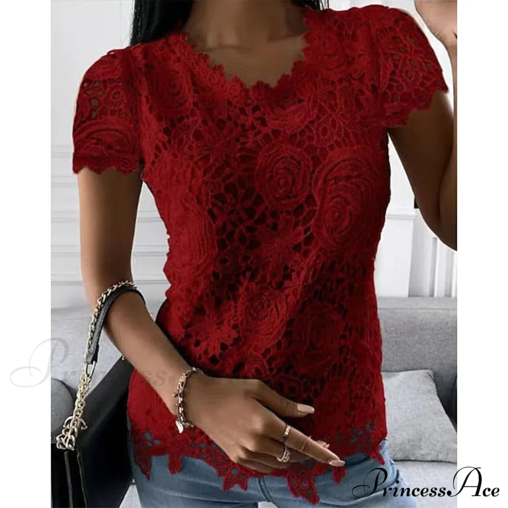 Brief Pink Neck White Casual Blouse Round Black Lace Arm Basic Plain