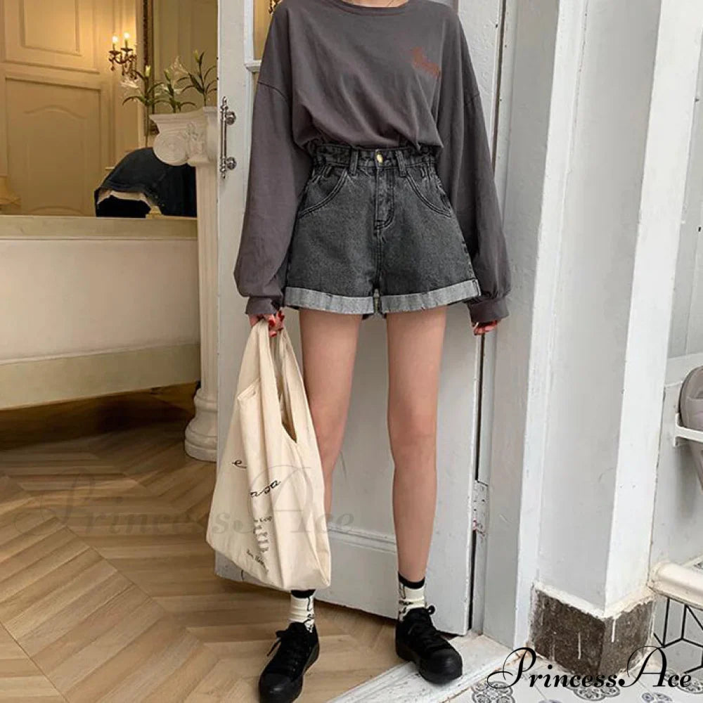 Brief Warm-Season Casual Waist Elastic Leg Women High Jeans Shorts Denim Wide Loose Size Plus