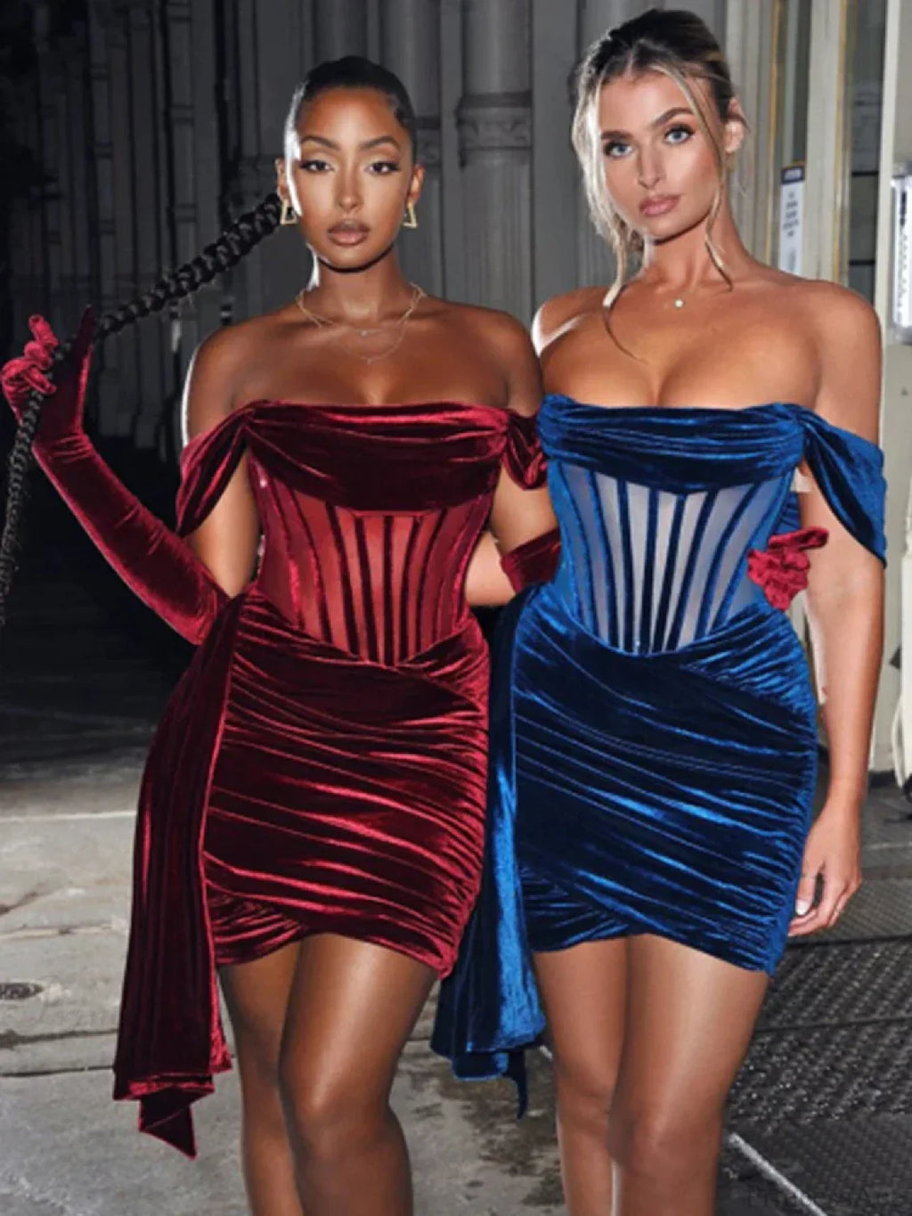 Burgundy Draping Off Shoulder Corset Velvet Slim Bodycon Mini Party Dress