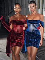 Burgundy Draping Off Shoulder Corset Velvet Slim Bodycon Mini Party Dress