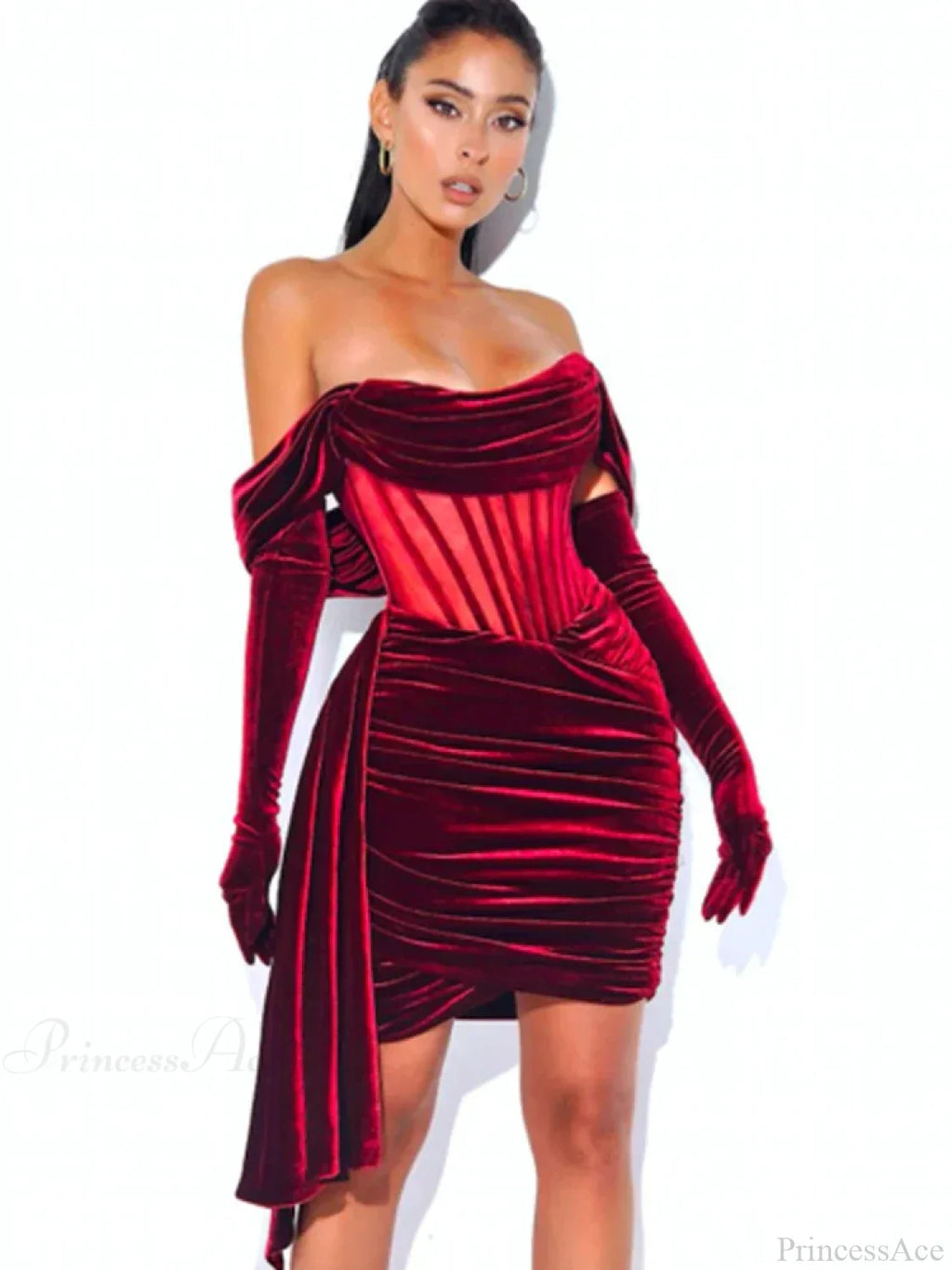 Burgundy Draping Off Shoulder Corset Velvet Slim Bodycon Mini Party Dress
