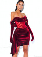 Burgundy Draping Off Shoulder Corset Velvet Slim Bodycon Mini Party Dress