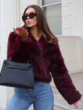 Burgundy Fluffy Turn-Down Collar Coat