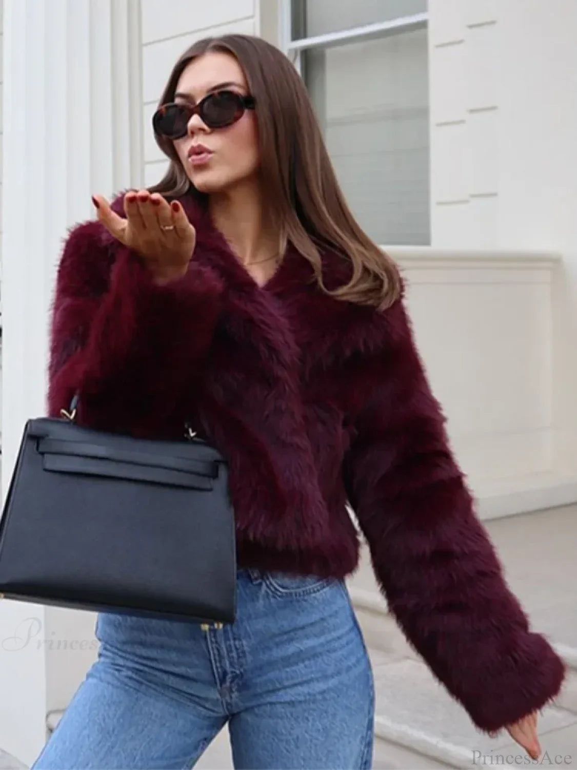 Burgundy Fluffy Turn-Down Collar Coat