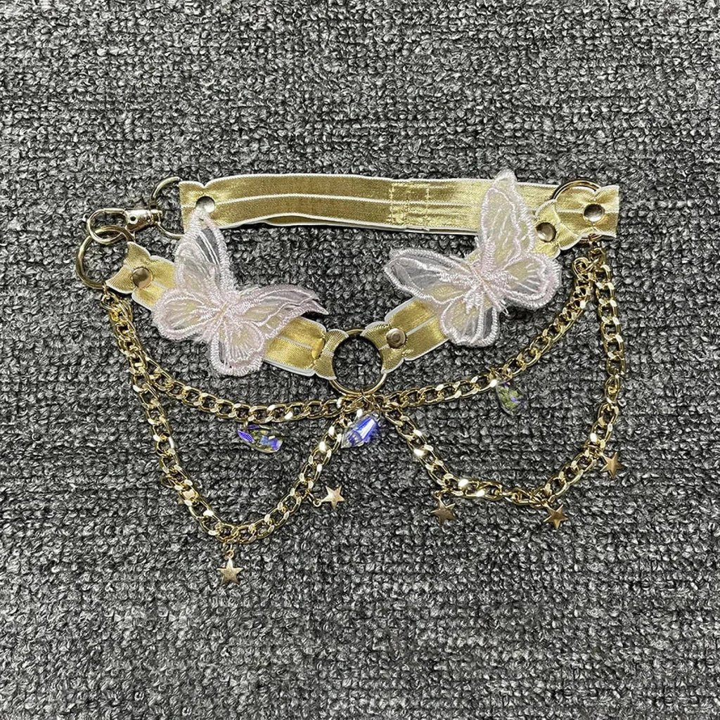 Butterfly Embroidered Crystal Chain Backless Crop Top