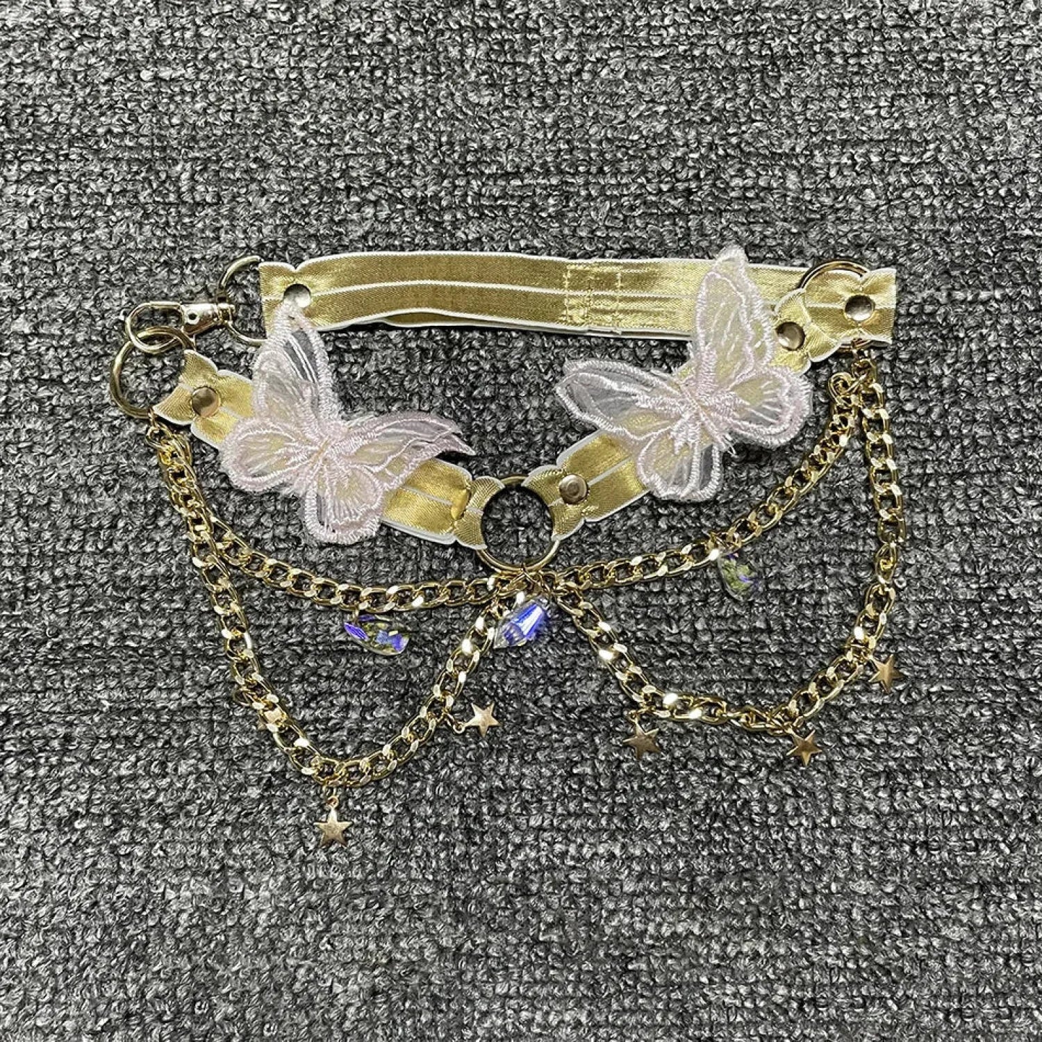 Butterfly Embroidered Crystal Chain Backless Crop Top