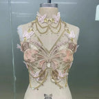Butterfly Embroidered Crystal Chain Backless Crop Top
