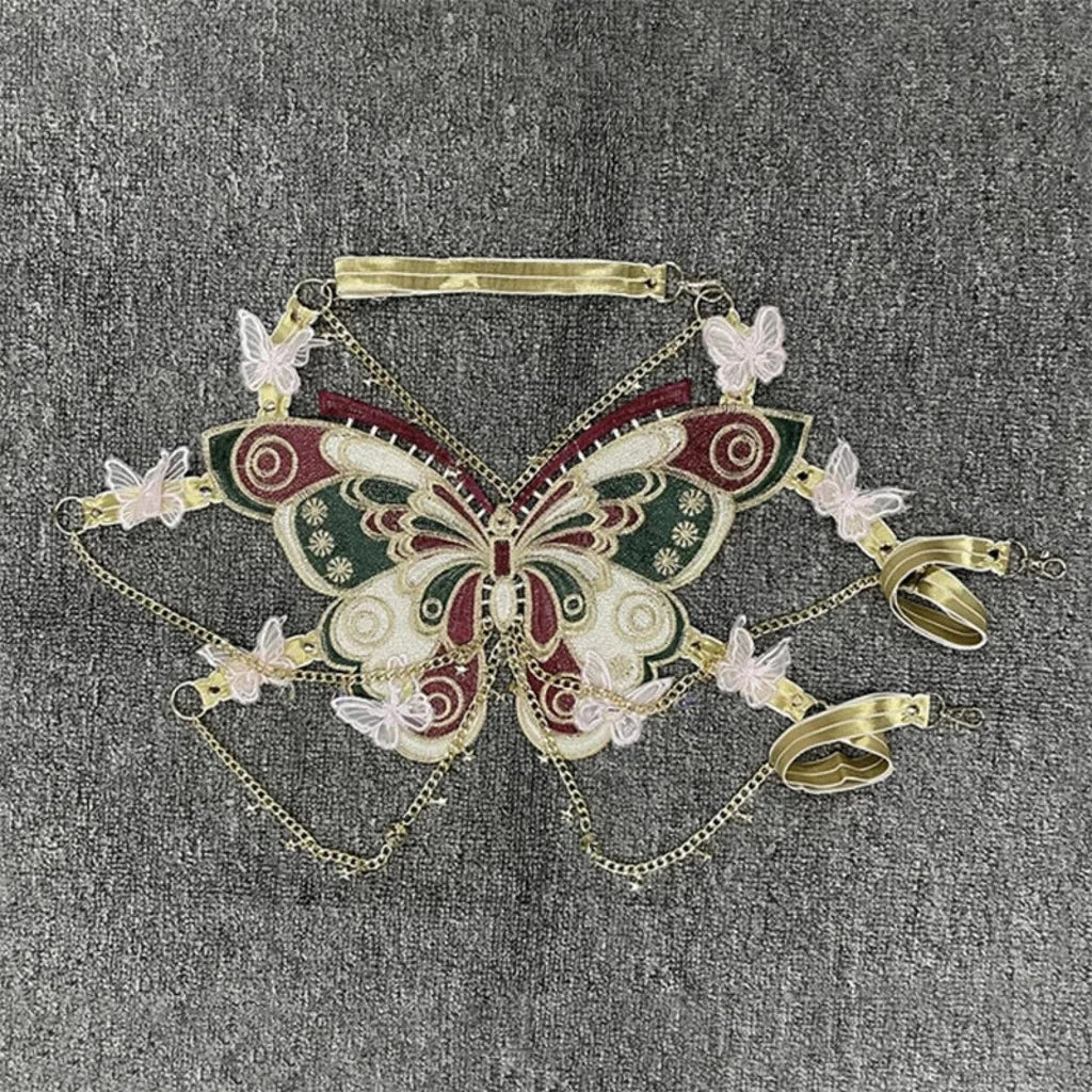 Butterfly Embroidered Crystal Chain Backless Crop Top