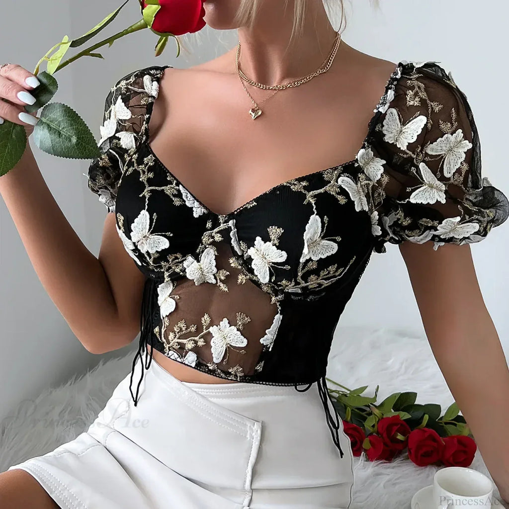 Butterfly Embroidered Mesh Puff Sleeve Lace-Up Corset Top