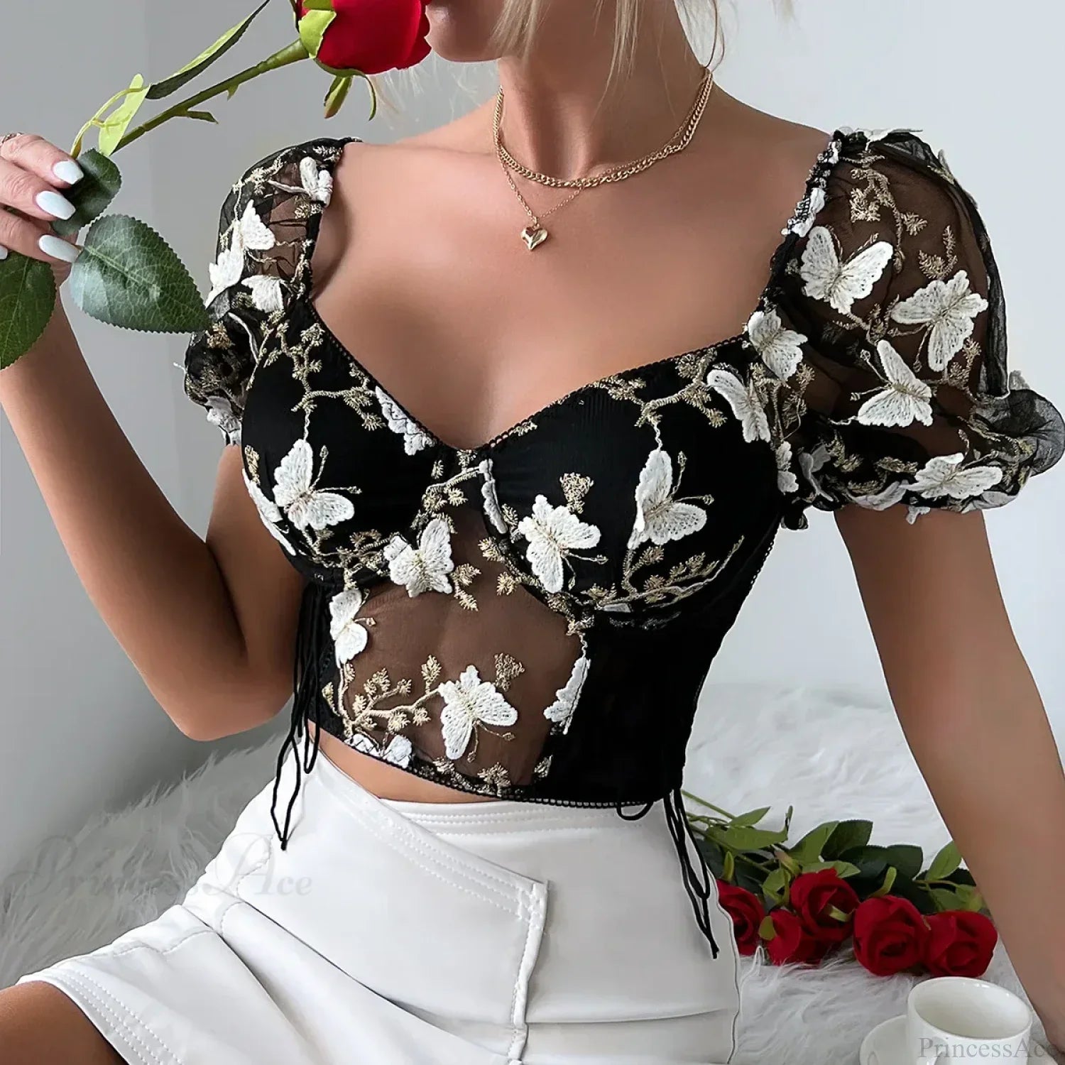 Butterfly Embroidered Mesh Puff Sleeve Lace-Up Corset Top