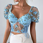 Butterfly Embroidered Mesh Puff Sleeve Lace-Up Corset Top