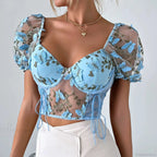Butterfly Embroidered Mesh Puff Sleeve Lace-Up Corset Top