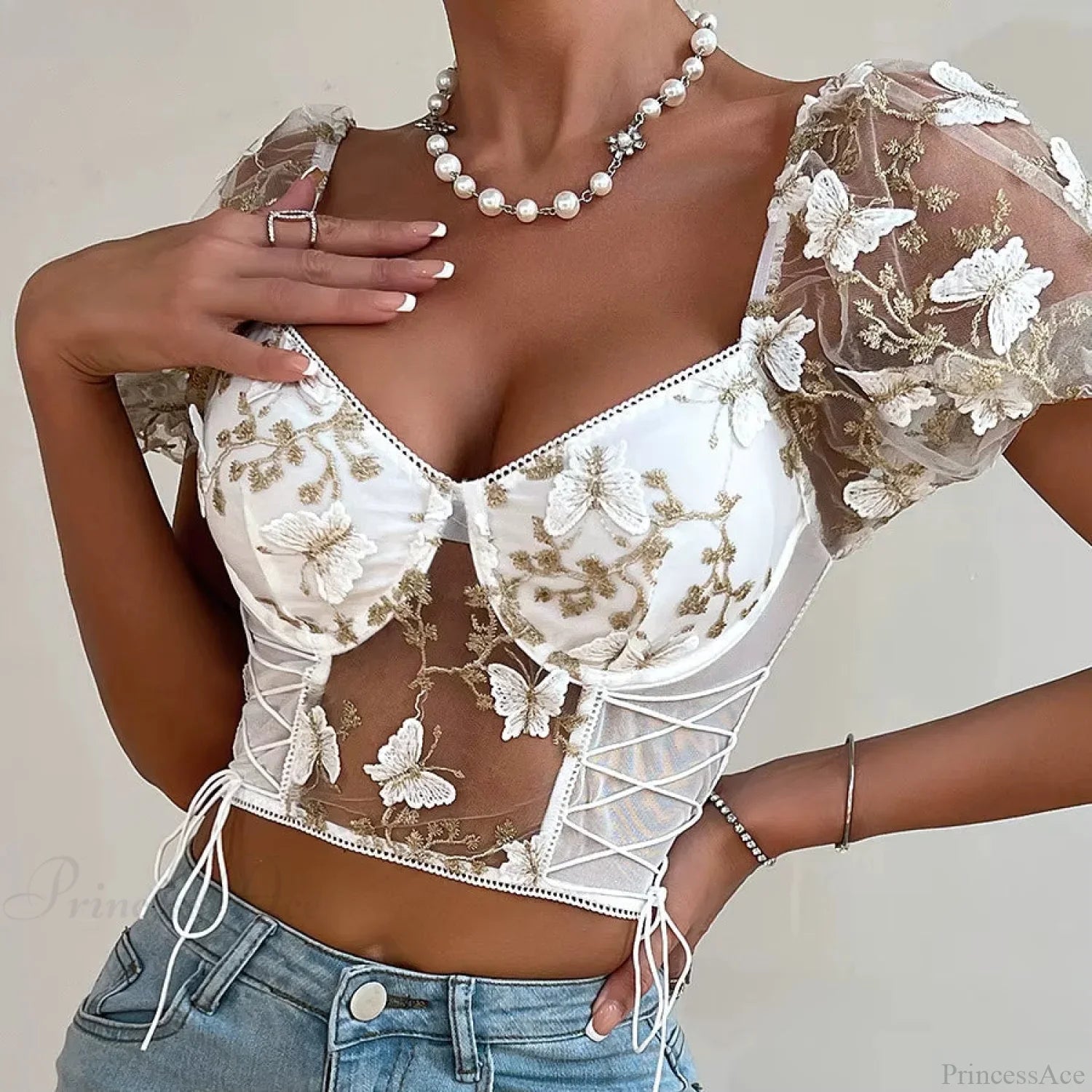 Butterfly Embroidered Mesh Puff Sleeve Lace-Up Corset Top