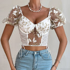 Butterfly Embroidered Mesh Puff Sleeve Lace-Up Corset Top
