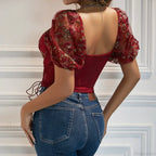 Butterfly Embroidery Mesh Splicing V Neck Slim See-Through Crop Top