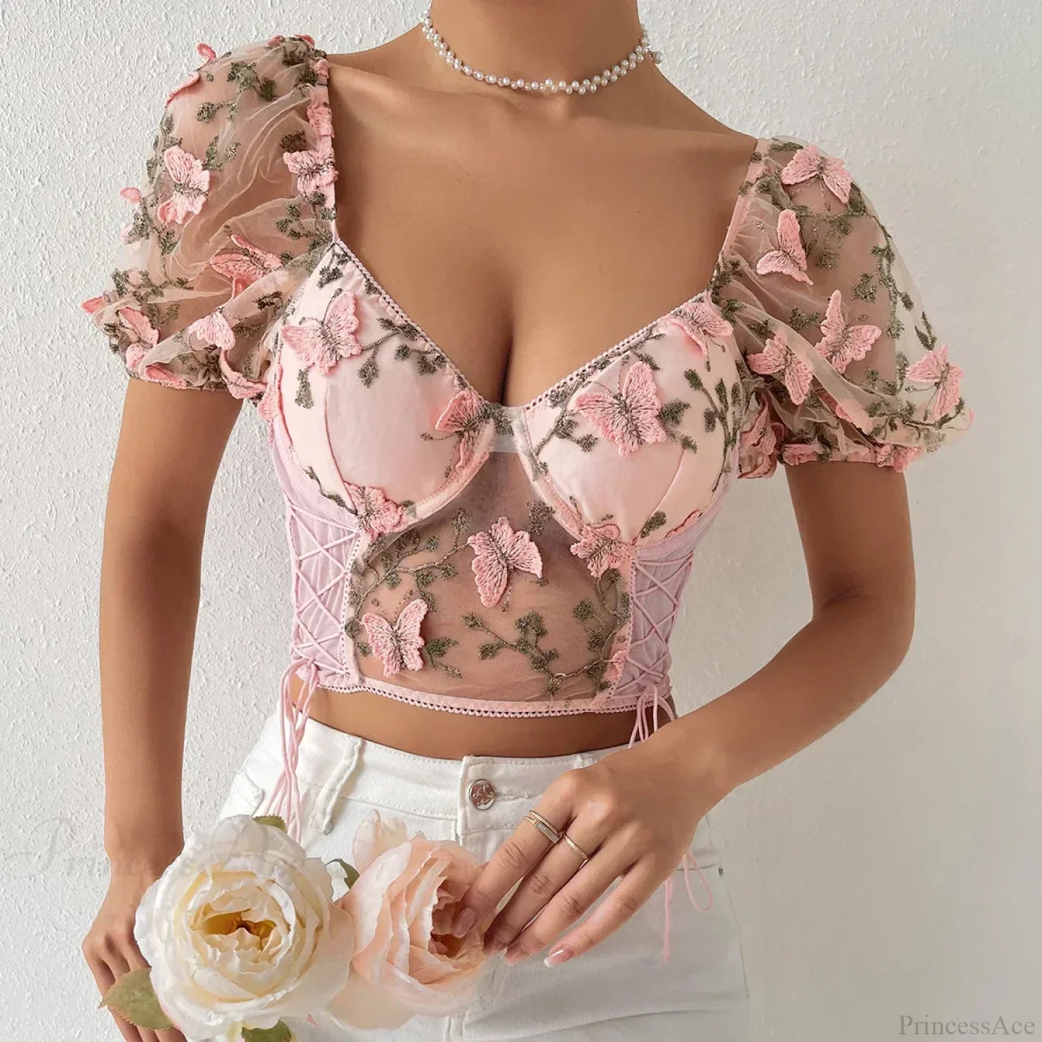 Butterfly Embroidery Mesh Splicing V Neck Slim See-Through Crop Top