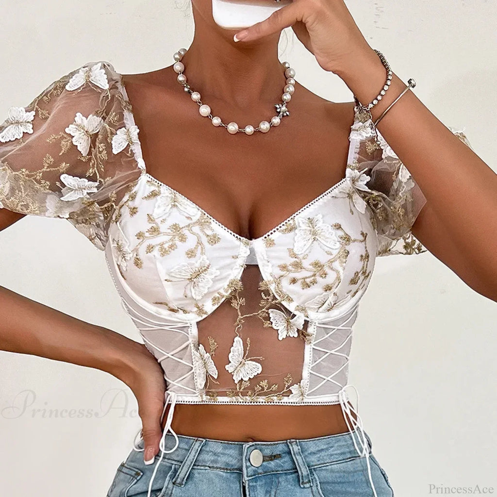 Butterfly Embroidery Mesh Splicing V Neck Slim See-Through Crop Top