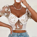 Butterfly Embroidery Mesh Splicing V Neck Slim See-Through Crop Top