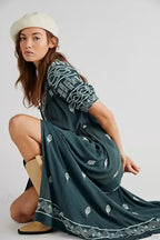Button Down Embroidery Short Sleeve Boho Dress