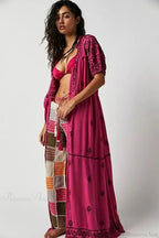 Button Down Embroidery Short Sleeve Boho Dress