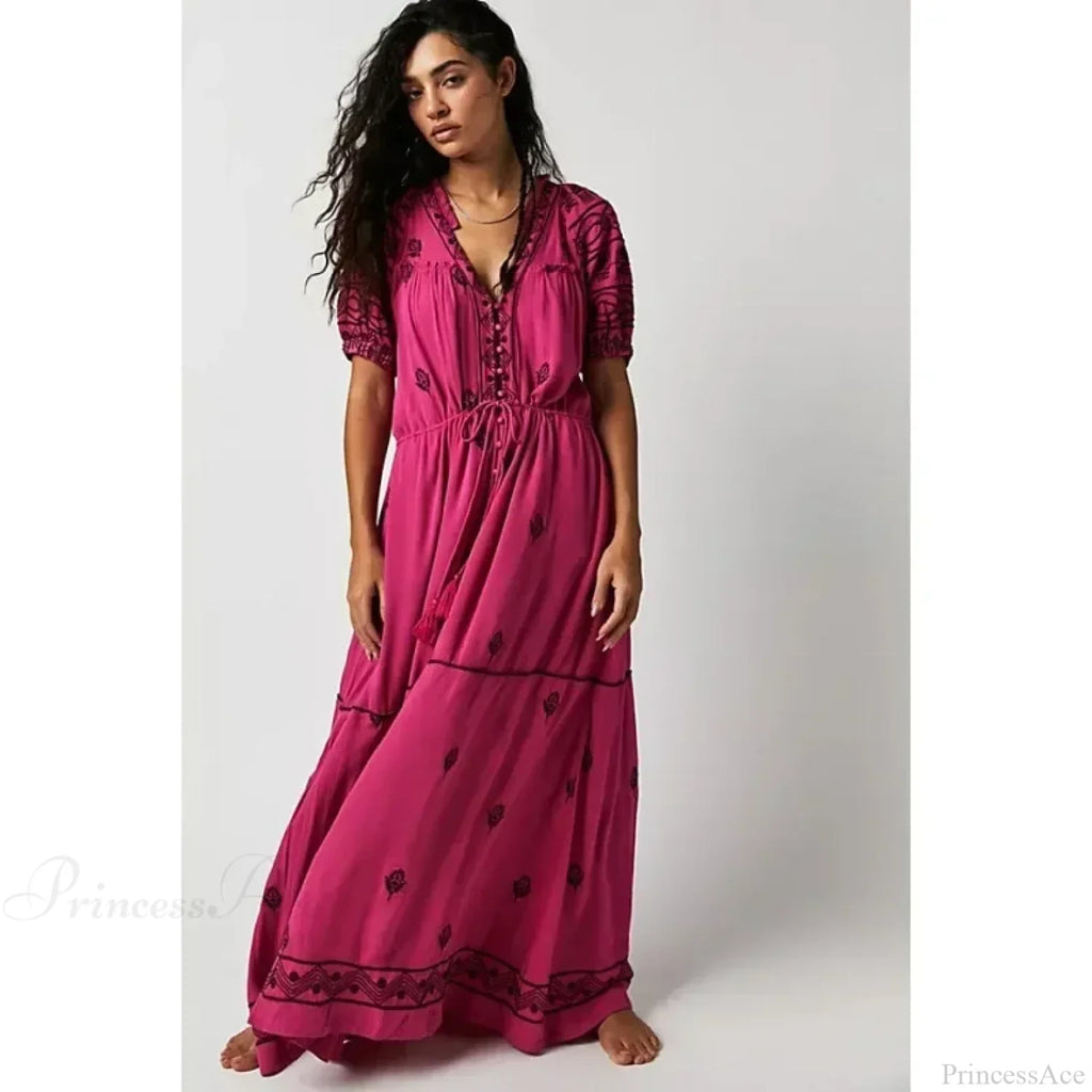 Button Down Embroidery Short Sleeve Boho Dress