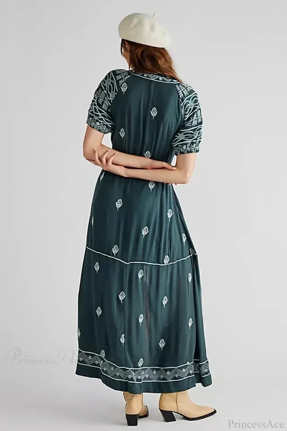 Button Down Embroidery Short Sleeve Boho Dress
