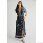Button Down Embroidery Short Sleeve Boho Dress