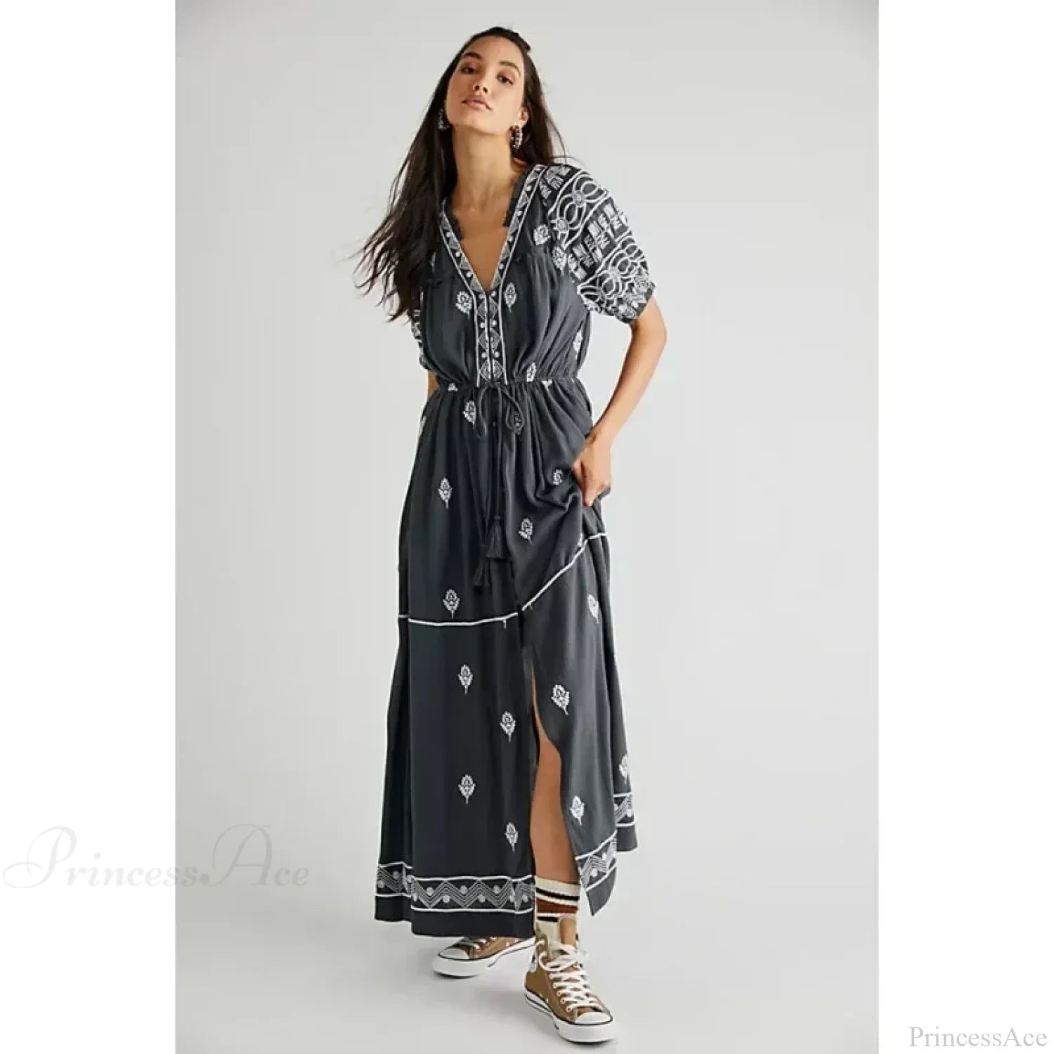 Button Down Embroidery Short Sleeve Boho Dress