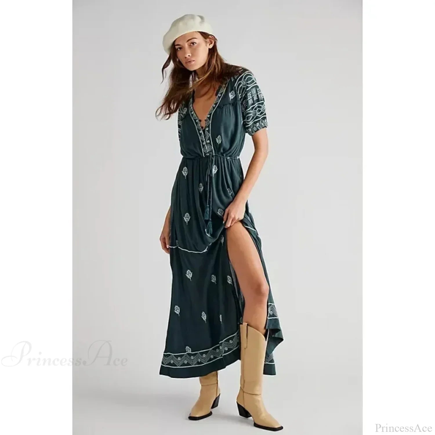 Button Down Embroidery Short Sleeve Boho Dress