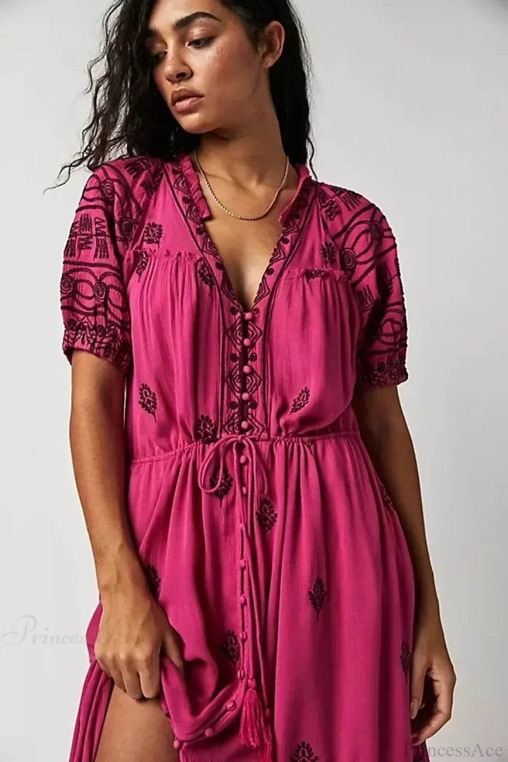Button Down Embroidery Short Sleeve Boho Dress