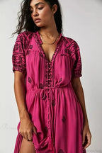 Button Down Embroidery Short Sleeve Boho Dress