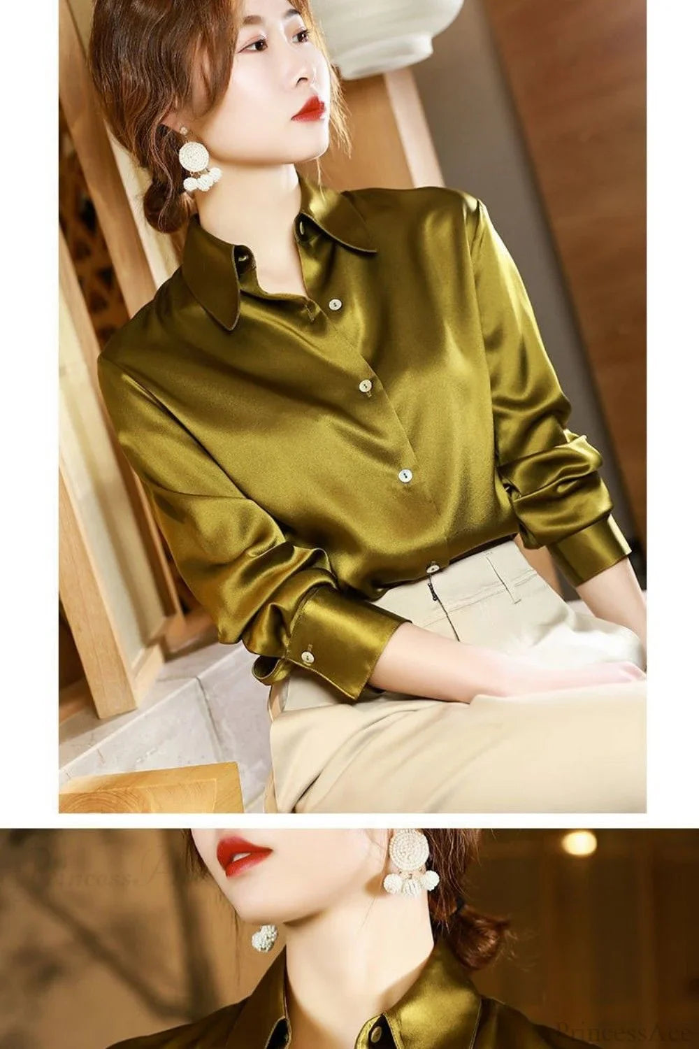 Button Satin - Blouse Silk Luxury Office Crepe Up Elegant Top