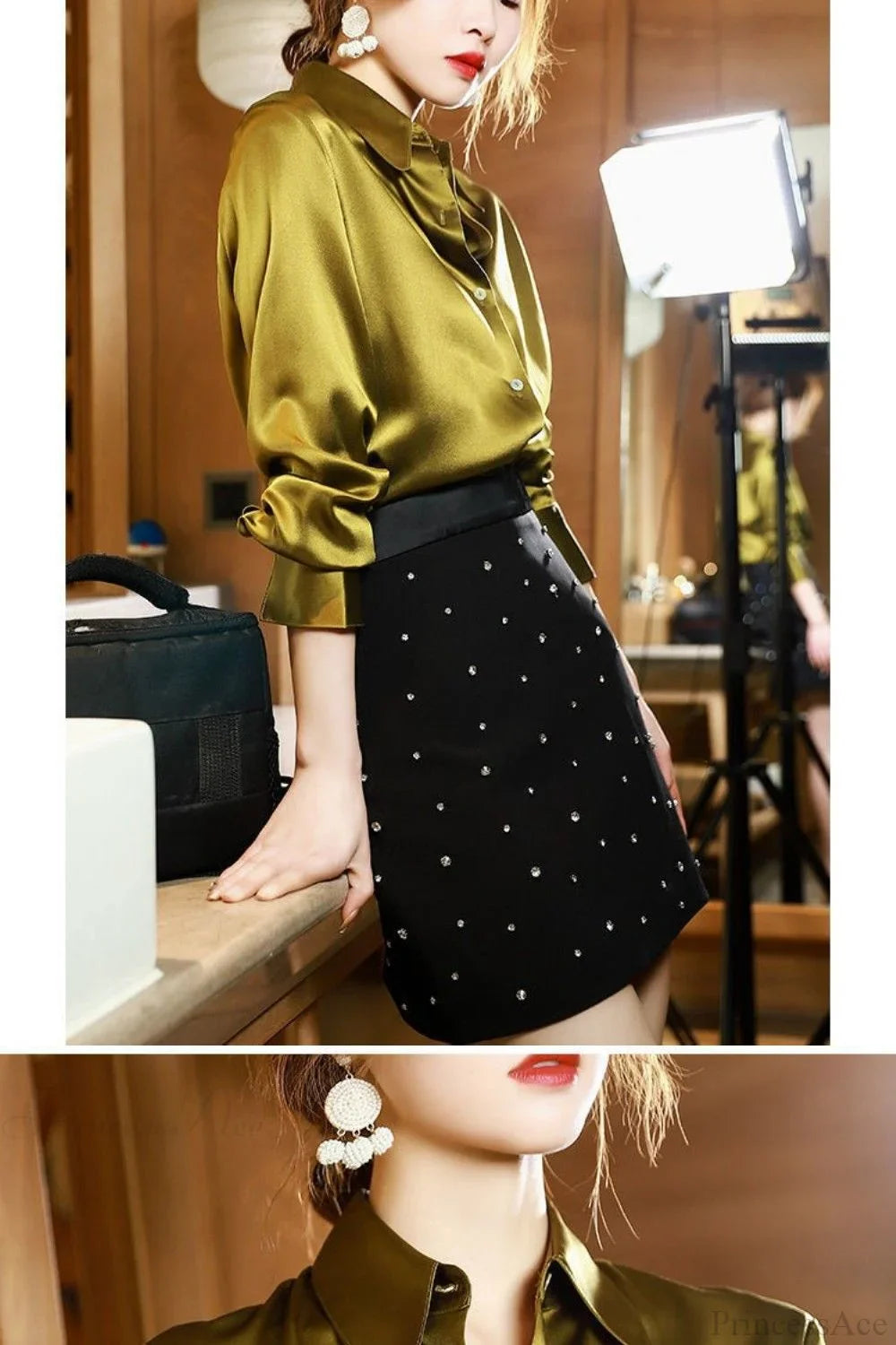 Button Satin - Blouse Silk Luxury Office Crepe Up Elegant Top